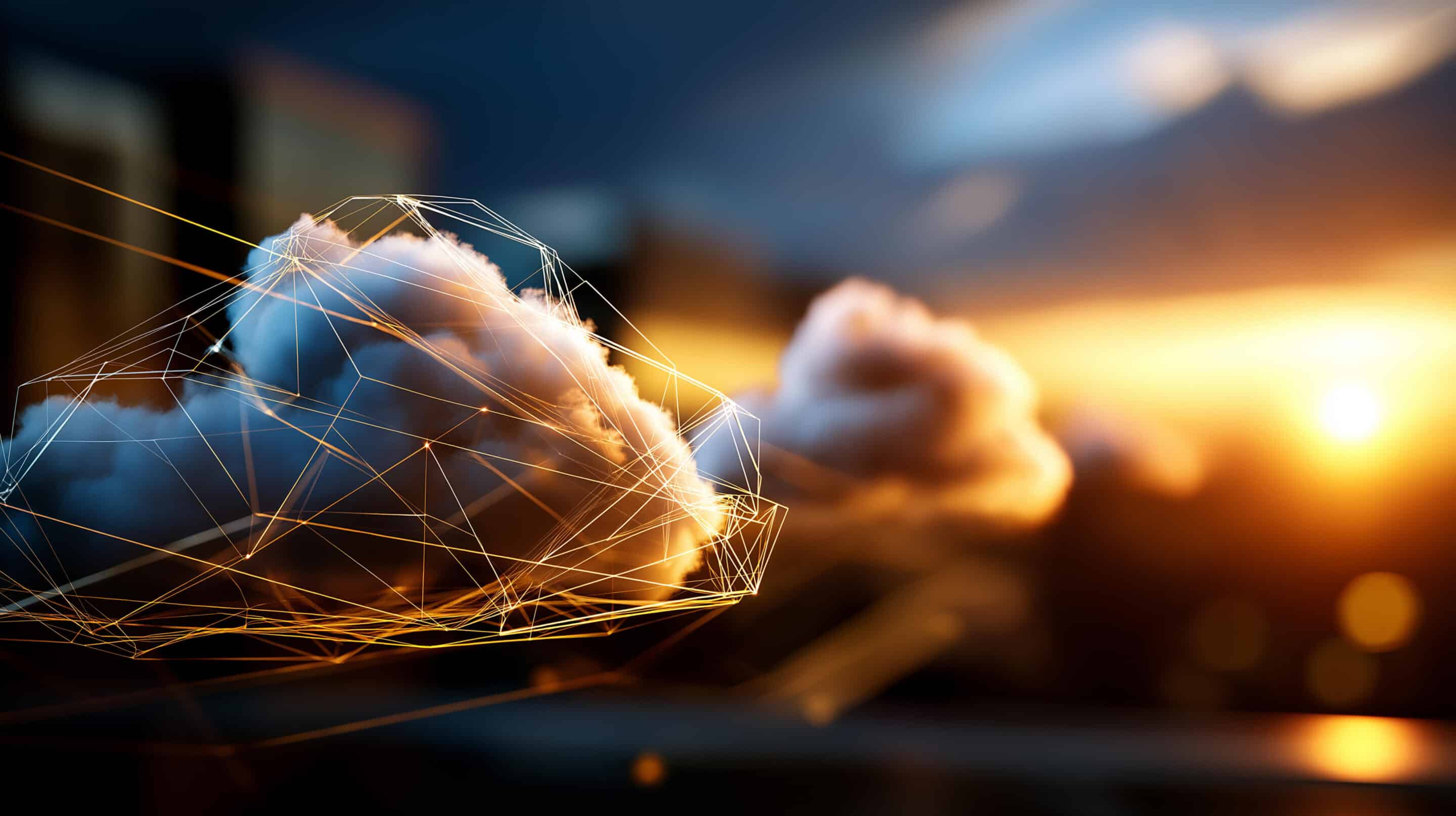 Smart cloud management system using intelligent energy balancing defocused technology background automated resource optimization digital infrastructure control efficient Abstract geometric wireframe network over a warm sunset cloudscape, symbolizing connectivity and technology.