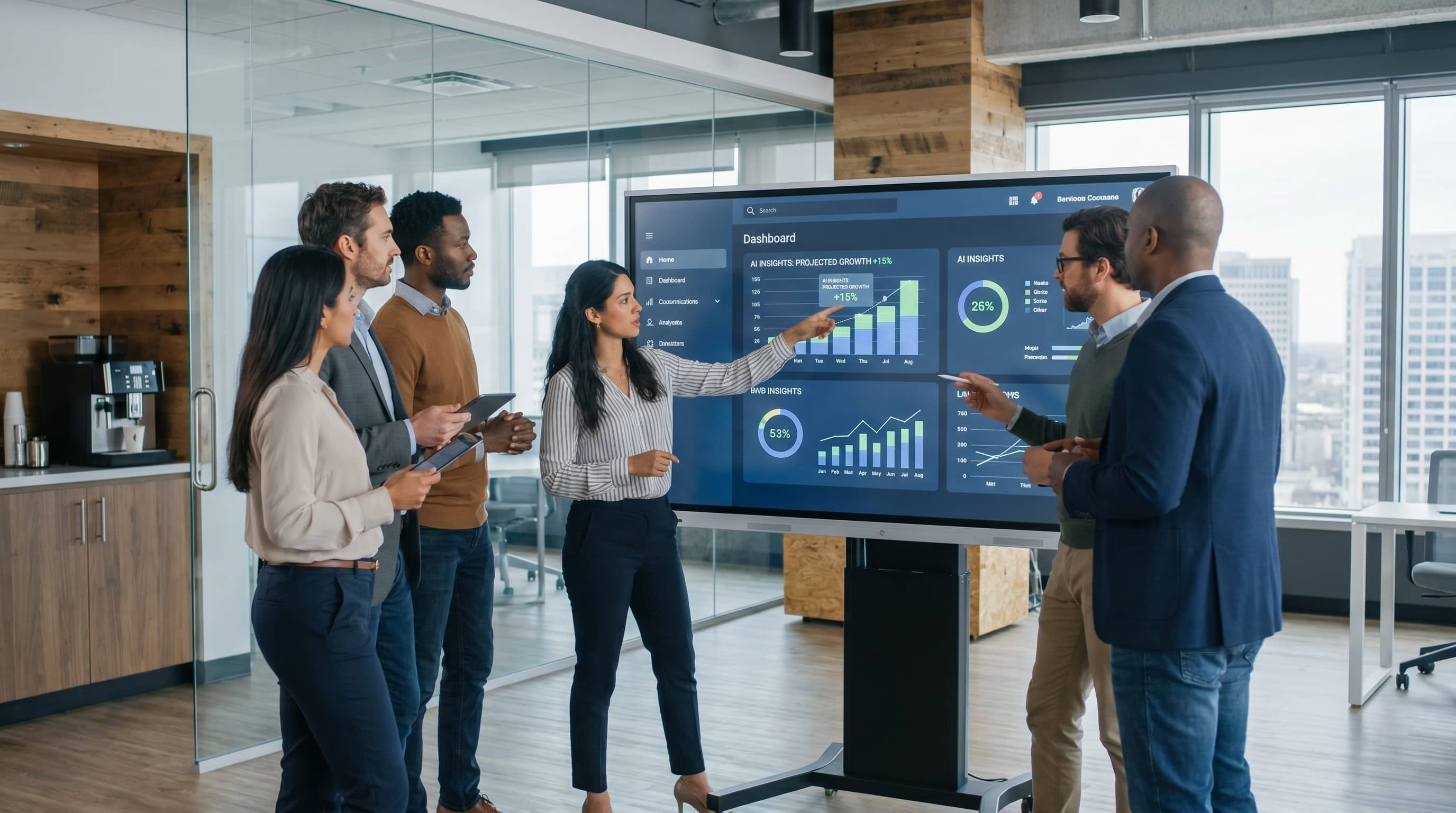 A diverse team of business professionals collaborating and analyzing data on a large interactive screen in a modern office environment Six professionals in a glass-walled conference room presenting a large data dashboard in the office.